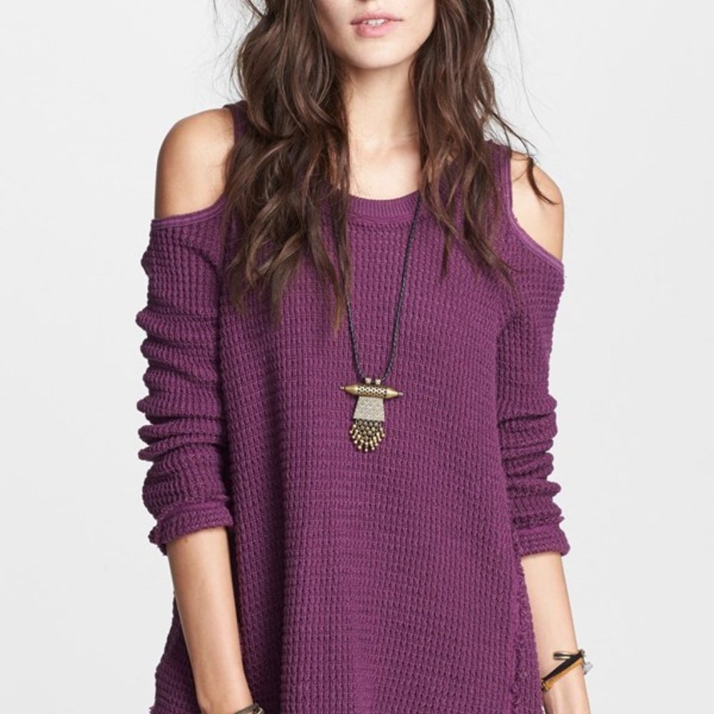free people sunrise pullover top cold shoulder thermal waffle knit sweater